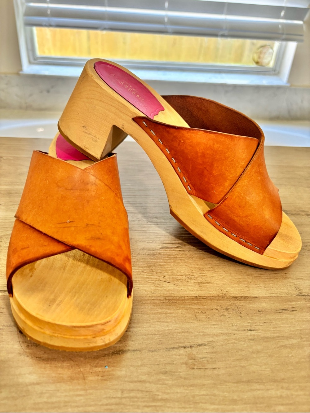 Swedish Hasbeens Anette High Tan Crossband Leather Clogs - Picture 6 of 16